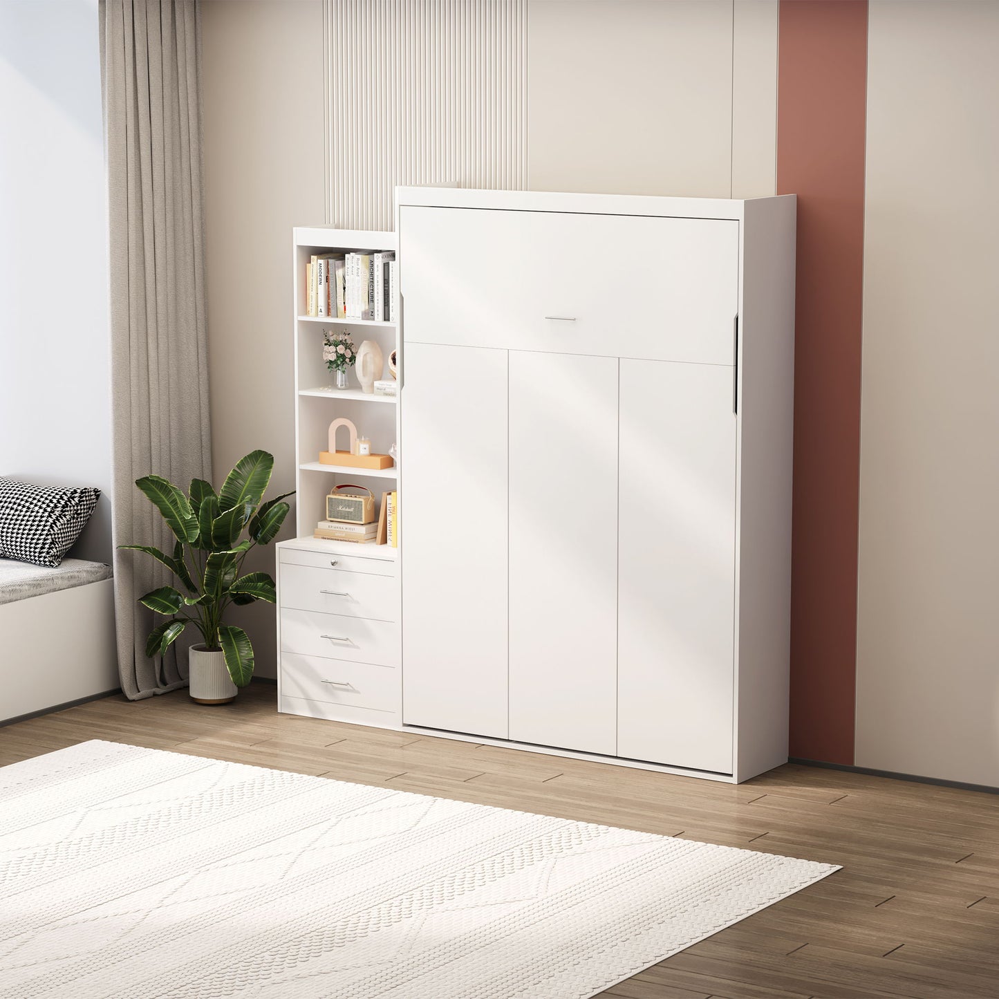 Morden Deisgn Full Size Vertical Murphy Bed With Shelf And Drawers For Bedroom Or Guestroom Wall Bed Space Saving Hidden Bed With New Style Gas Struts - White
