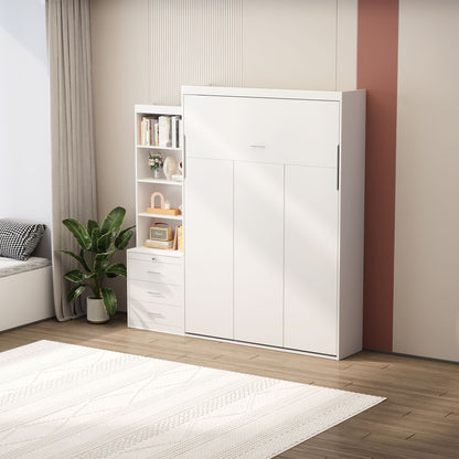 Morden Deisgn Full Size Vertical Murphy Bed With Shelf And Drawers For Bedroom Or Guestroom Wall Bed Space Saving Hidden Bed With New Style Gas Struts - White