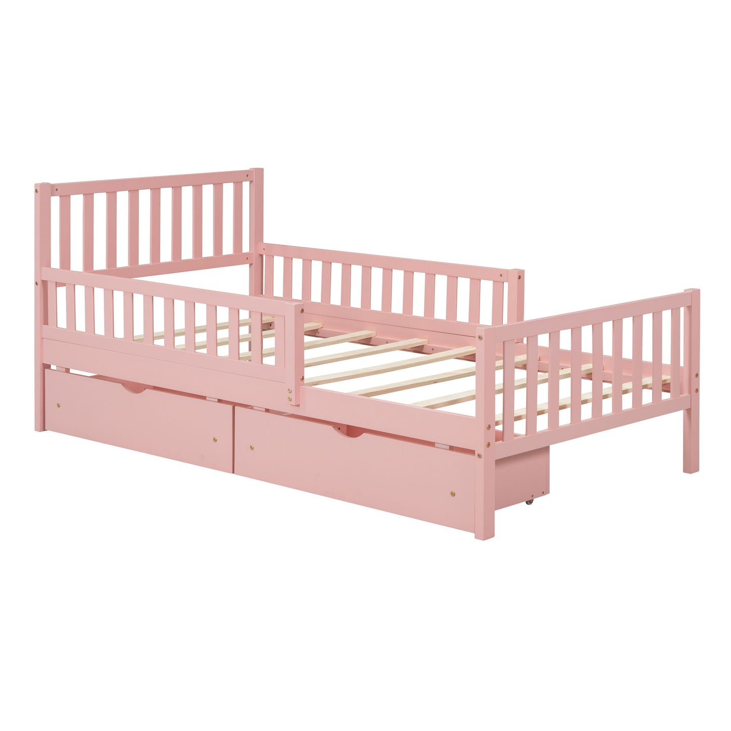 Twin Size Platform Bed With Guardrails On Both Sides And 2 Storage Drawers - Pink
