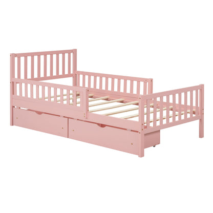 Twin Size Platform Bed With Guardrails On Both Sides And 2 Storage Drawers - Pink