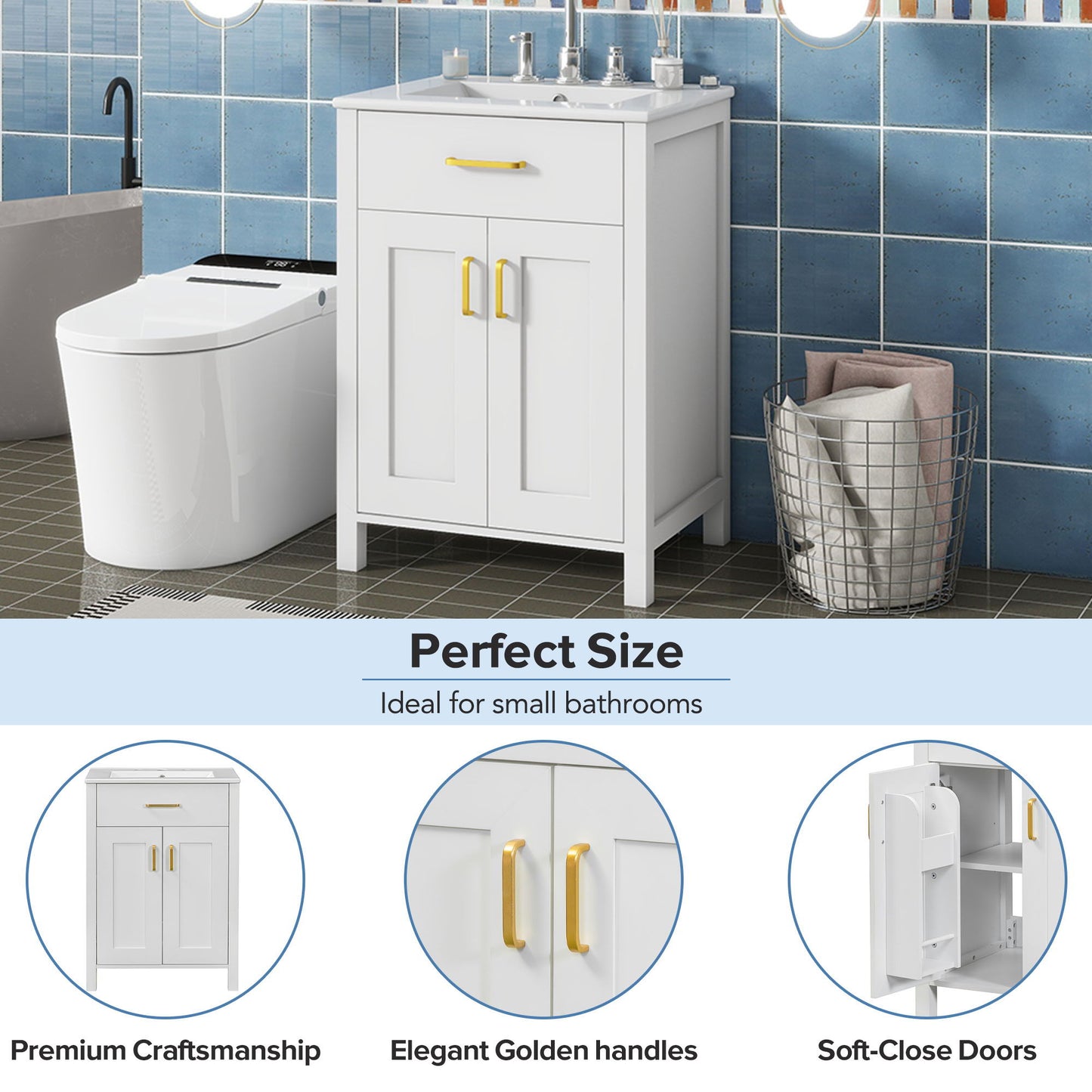Bathroom Vanity Combo With Ceramic Sink, Luxurious Space-Saving Vanity, 2 Soft-Close Doors - Gold / White