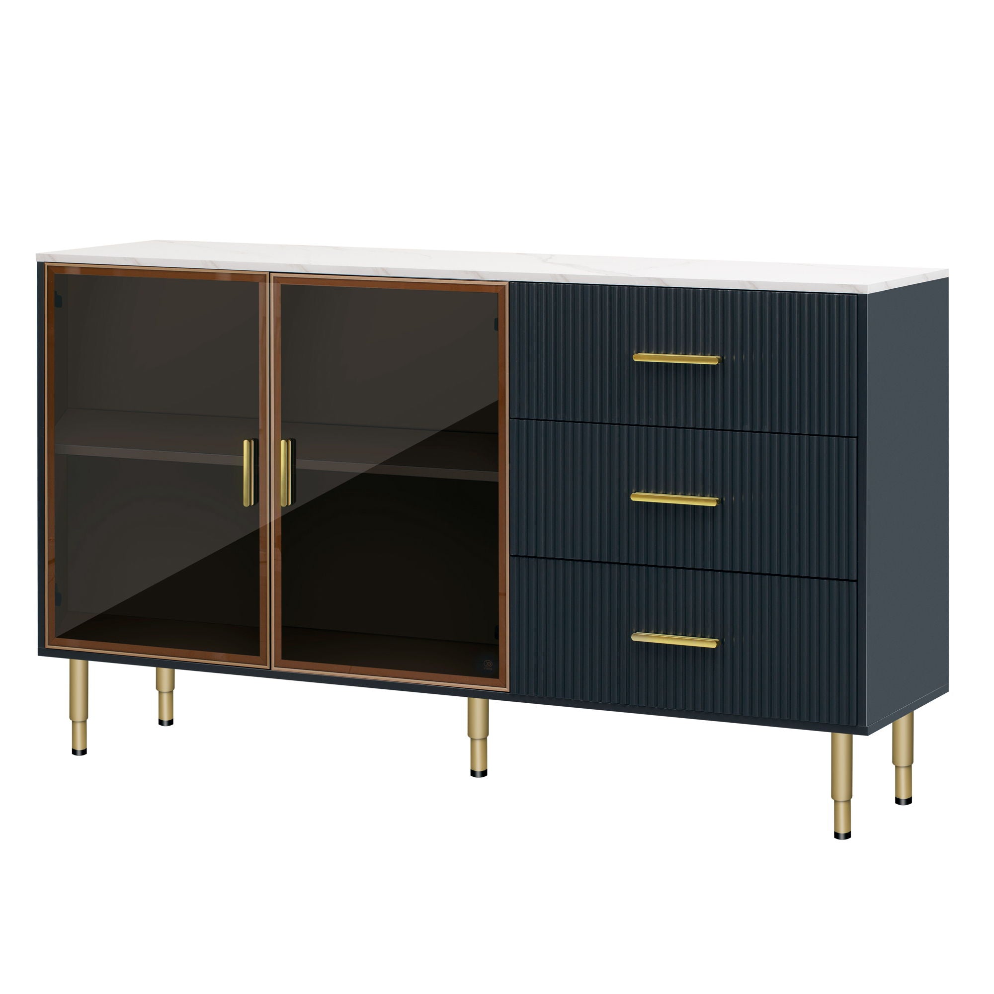 Modern Sideboard Buffet Cabinet Marble Sticker Tabletop And Amber-Yellow Tempered Glass Doors With Gold Metal Legs & Handles - Navy Blue