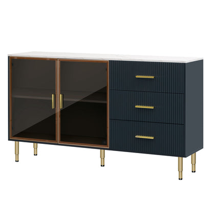 Modern Sideboard Buffet Cabinet Marble Sticker Tabletop And Amber-Yellow Tempered Glass Doors With Gold Metal Legs & Handles - Navy Blue