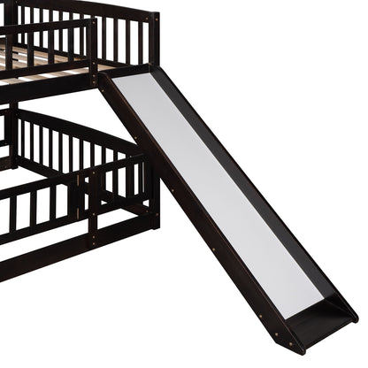 Full Over Full Low Bunk Bed With Slide, Fence And Ladder For Toddler - Espresso