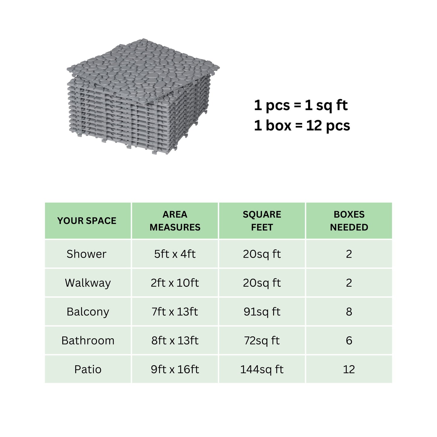 Interlocking Deck Tiles Plastic Waterproof Outdoor All Weather Anti-Slip Bathroom Shower Balcony Porch Strong Weight Capacity Upto 440 Lbs, Pebble Stone Pattern Pack Of 12 - Gray