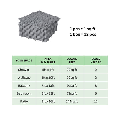 Interlocking Deck Tiles Plastic Waterproof Outdoor All Weather Anti-Slip Bathroom Shower Balcony Porch Strong Weight Capacity Upto 440 Lbs, Pebble Stone Pattern Pack Of 12 - Gray