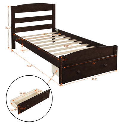 Twin Platform Bed Frame With Storage Drawer And Slat Support No Box Spring Needed - Espresso