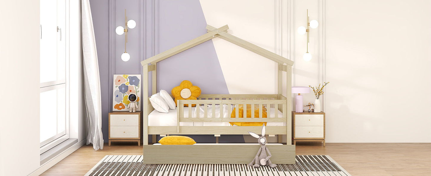Full Size House Bed With Twin Size Trundle - Natural