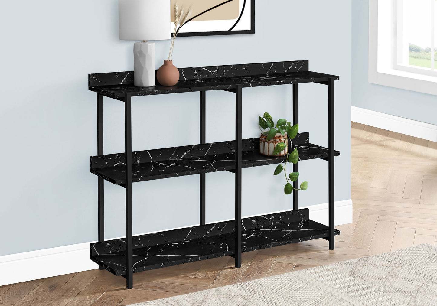 Accent Console Table For Entryway, Marble Look Contemporary & Modern - Black