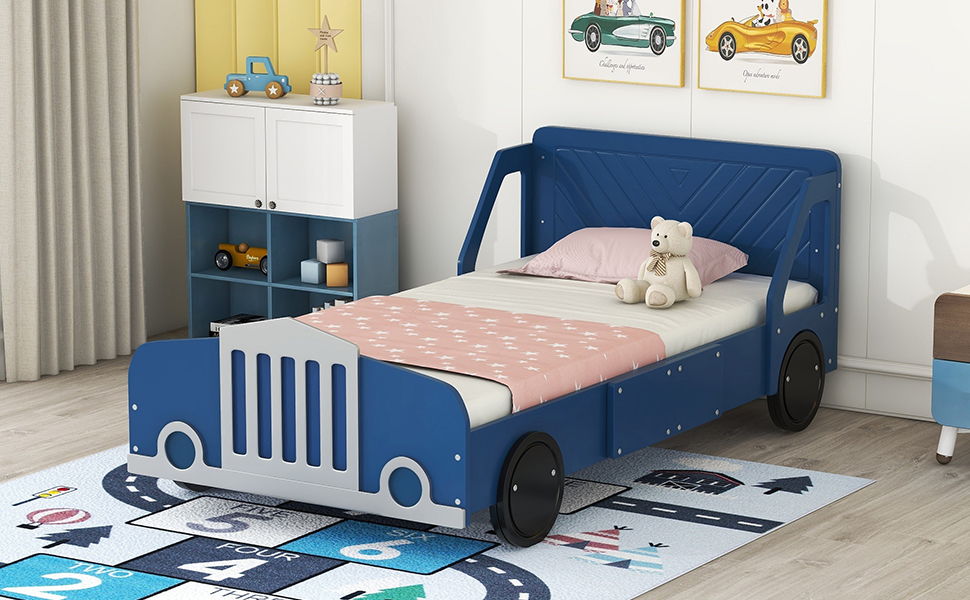 Twin Size Car Shaped Platform Bed With Wheels - Blue