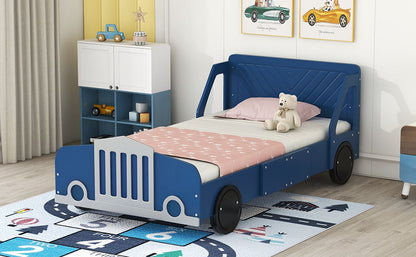 Twin Size Car Shaped Platform Bed With Wheels - Blue