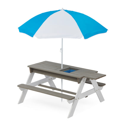 3-In-1 Kids Outdoor Wooden Picnic Table With Umbrella, Convertible Sand & Water, ASTM & CPSIA Certification - Gray