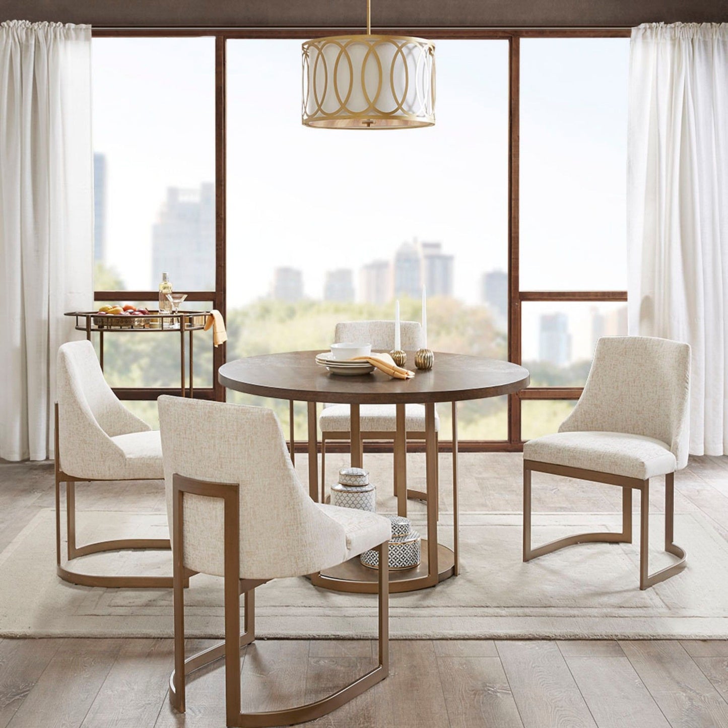Contemporary Modern Accent Dining Chairs With Antique Gold Metal Frame (Set of 2) - Cream