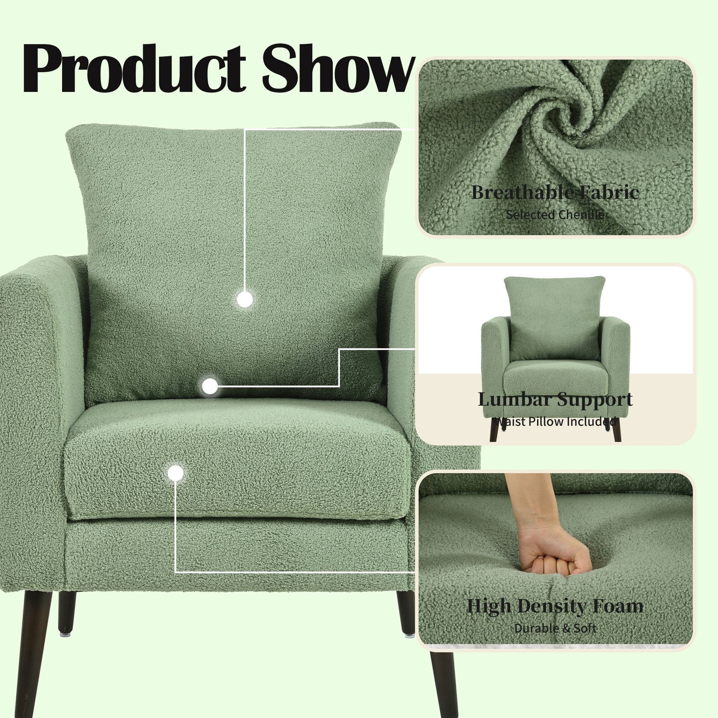 Modern Accent Chair, Upholstered Armchair For Living Room, Mid Century Fabric Lounge Chair With Pillow, Comfortable Reading Chair With Wood Legs For Living Room, Reception Room - Light Green