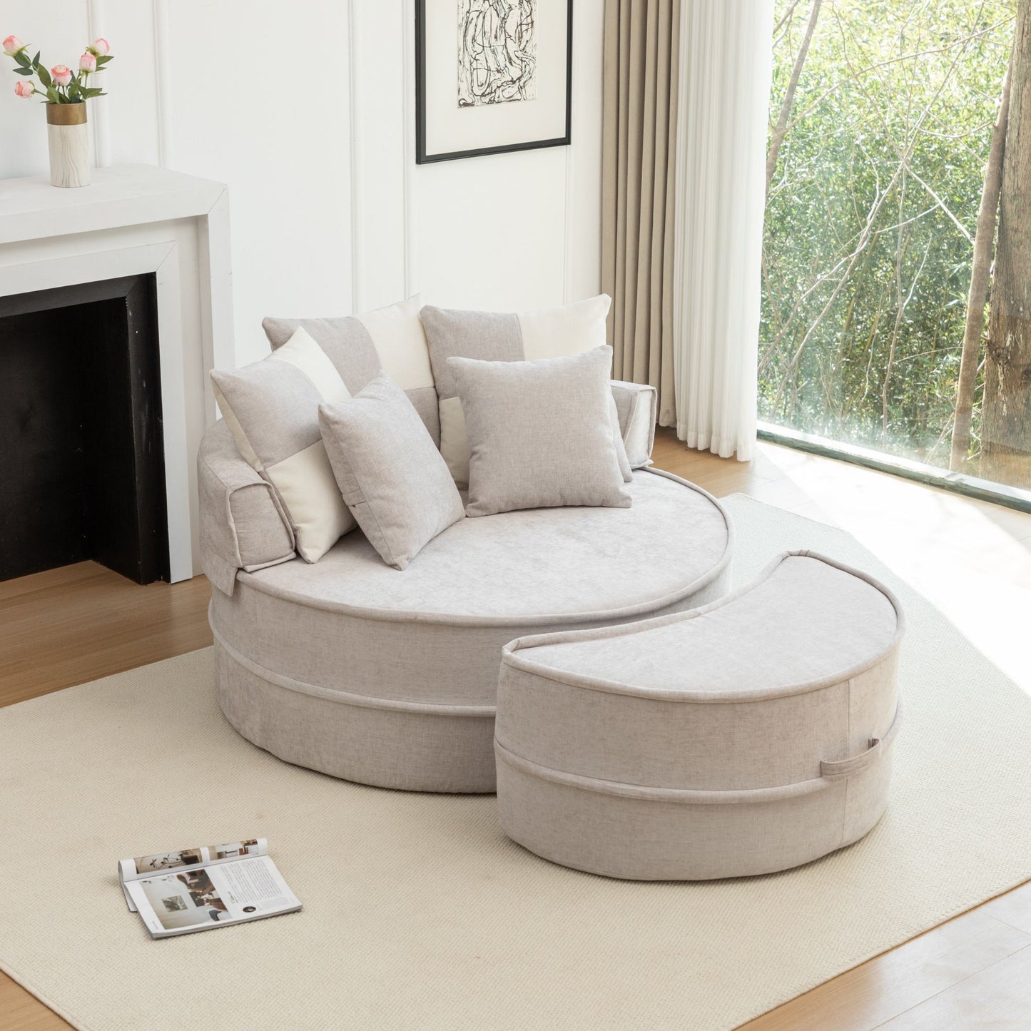 Modern Oversized Round Barrel Accent Chair With Ottoman - Velvet Upholstered Lounge Armchair With 5 Pillows For Living Room Or Bedroom - Gray
