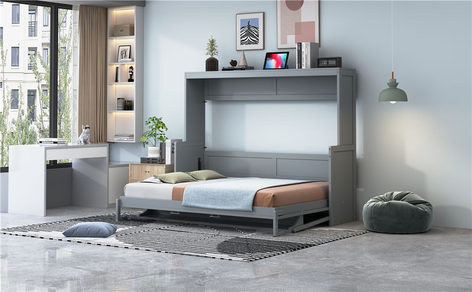Full Size Murphy Bed With Hydraulic Lift & Desk Design - Gray