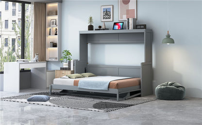 Full Size Murphy Bed With Hydraulic Lift & Desk Design - Gray