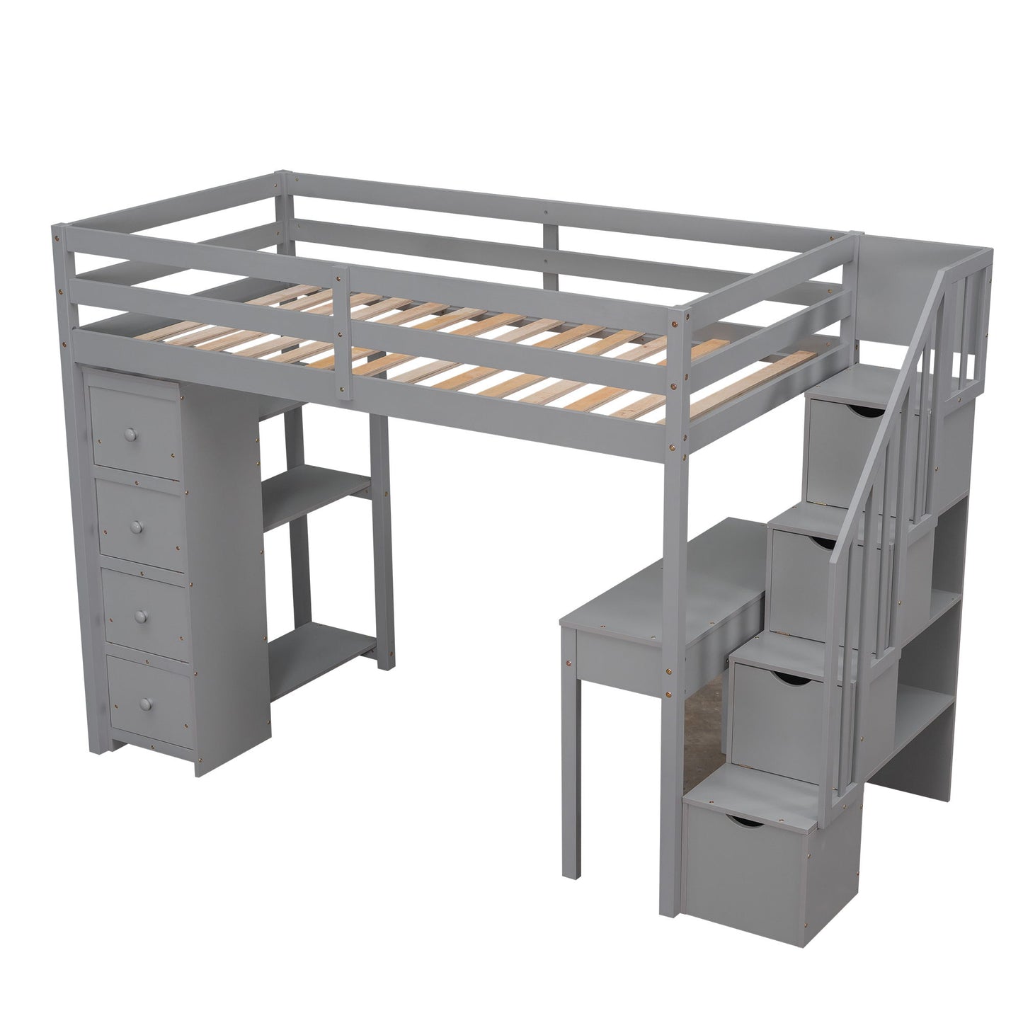 Twin Size Loft Bed With Storage Drawers, Desk And Stairs With Shelves - Gray