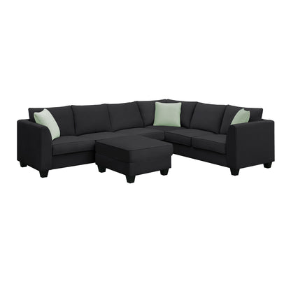 Sectional Sofa Couches Living Room Sets, 7 Seats Modular Sectional Sofa With Ottoman, L Shape Fabric Sofa Corner Couch Set With 3 Pillows - Black