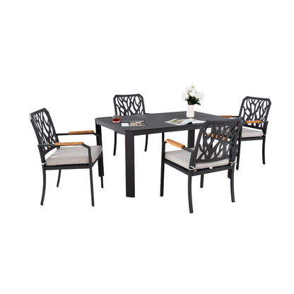 5 Pieces Outdoor Patio Aluminum Furniture Set, Rectangular Table With Umbrella Hole - Bourbon Brown