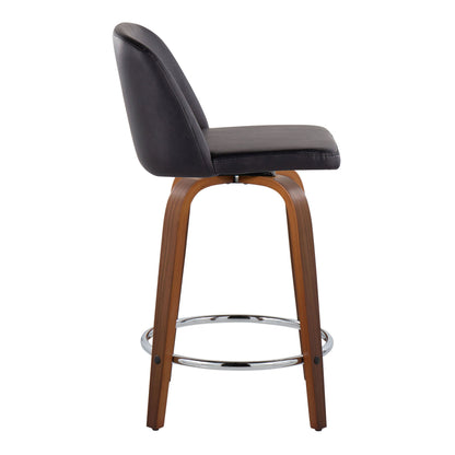 Toriano - Mid-Century Modern Fixed Height Counter Stool With Swivel And Round Footrest (Set of 2) - Walnut / Black