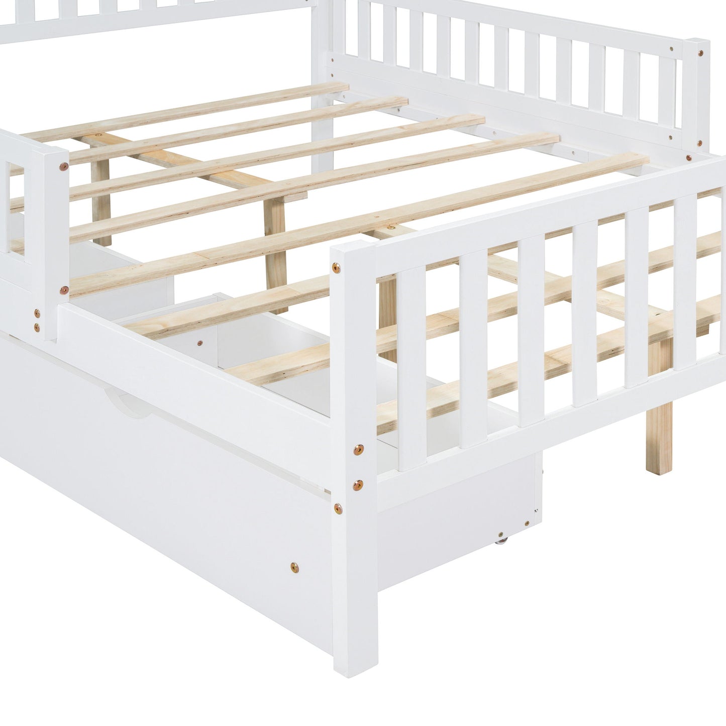 Full Size Platform Bed With Guardrails On Both Sides And 2 Storage Drawers - White