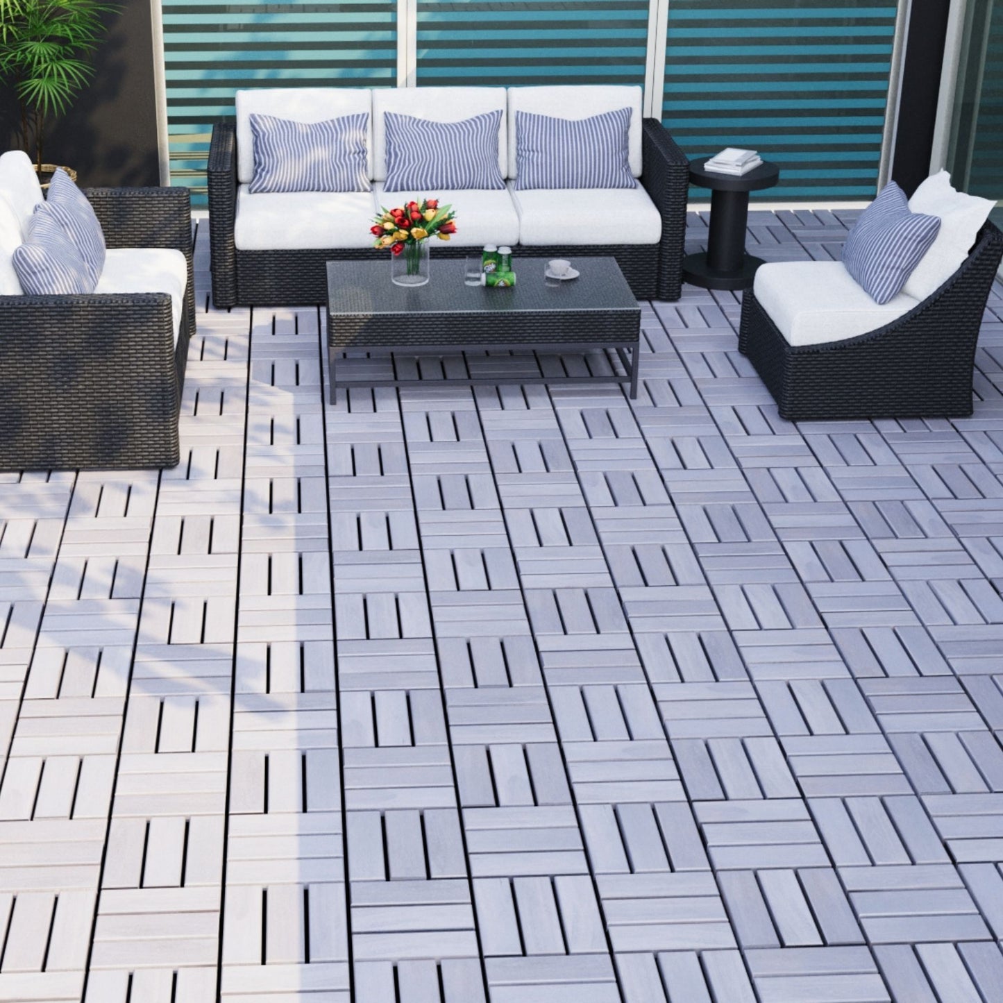 30 Piece Interlocking Deck Tiles Checker Pattern, Square Acacia Hardwood Outdoor Flooring For Patio, Bancony, Pool Side - Light Gray