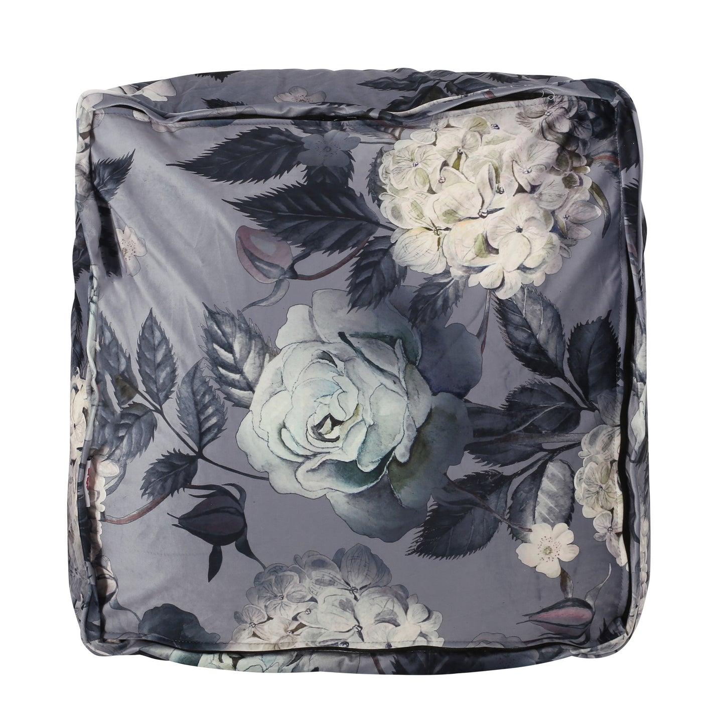 Hazel - Large Square Pouf With Flower Print - Gray
