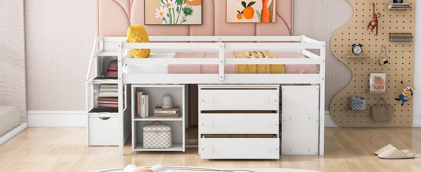 Full Size Loft Bed With Retractable Writing Desk And 3 Drawers With Storage Stairs And Shelves - White