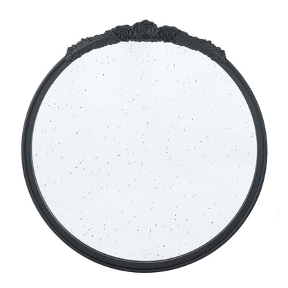 Round Hand Carved Rose Antique Mirror Frame, Wall Mirror For Live Space, Bathroom, Entryway Wall Decor - Black