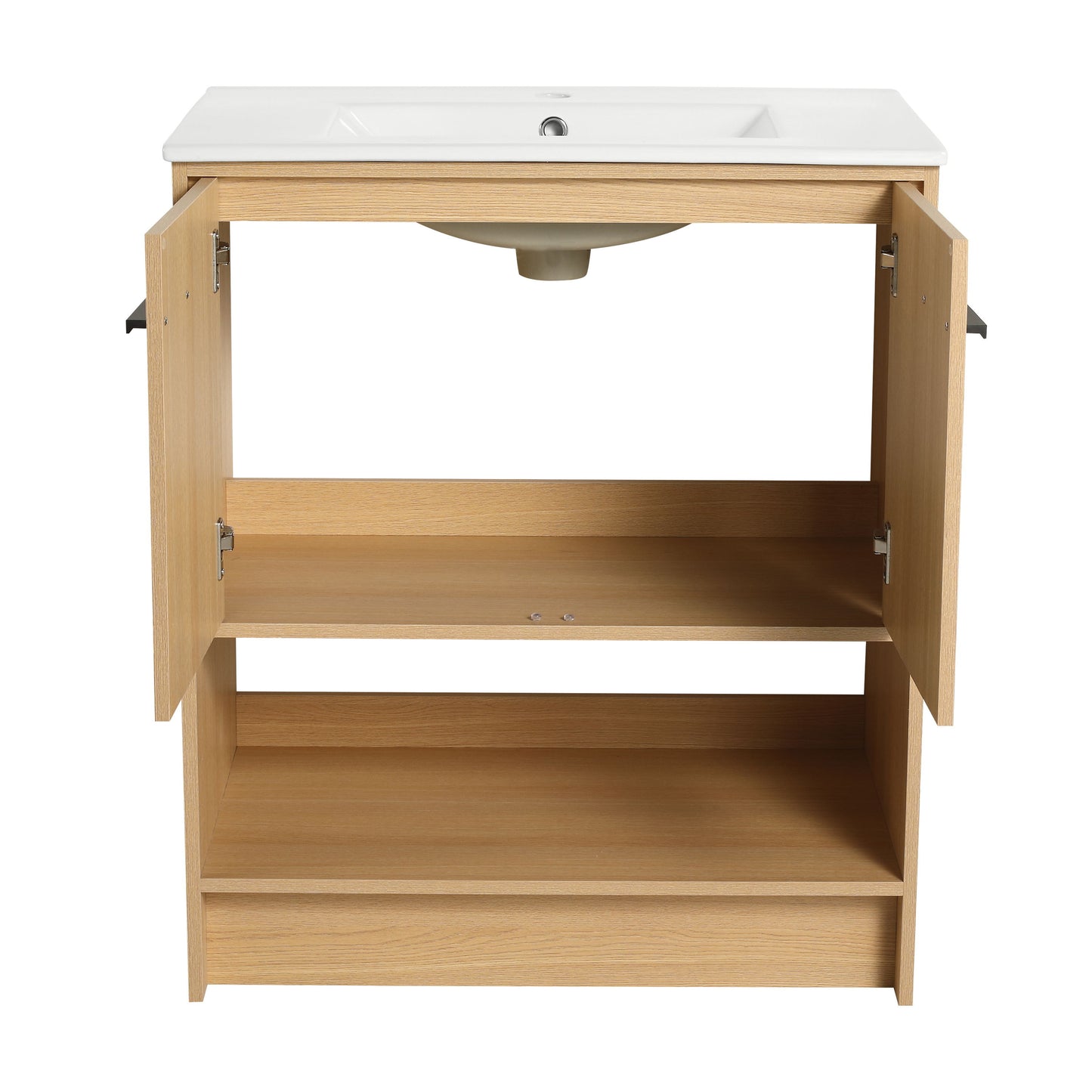 Modern 30" Bathroom Vanity With Ceramic Sink, Freestanding Cabinet, 2 Soft Closing Doors - Oak