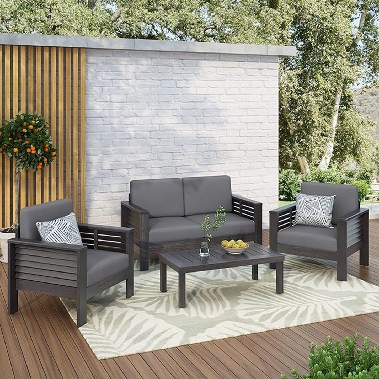 Acacia Wood Loveseat And Coffee Table Set With Cushions - Gray