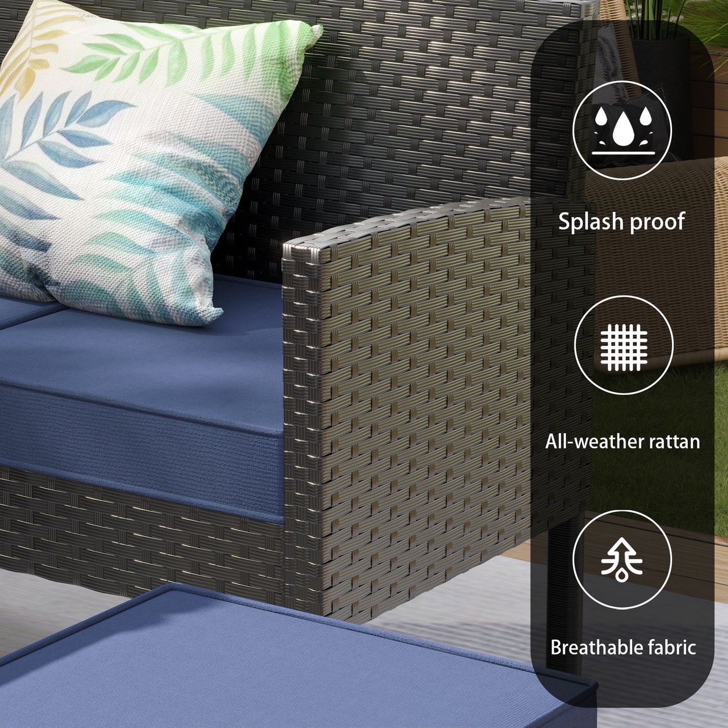 7 Piece Outdoor Furniture Set Waterproof Cushions Glass Table Space Saving - Blue