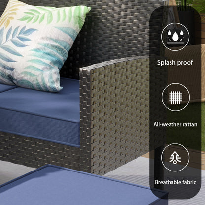 7 Piece Outdoor Furniture Set Waterproof Cushions Glass Table Space Saving - Blue