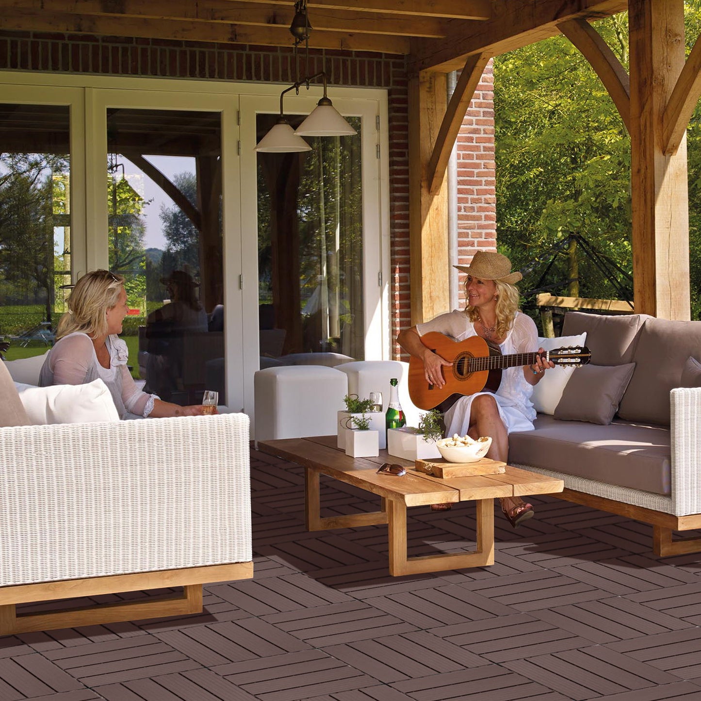 Plastic Interlocking Deck Tiles, (Set of 44), Patio Flooring Outdoor Waterproof All Weather Use For Garden Poolside Front / Back Yard - Light Coffee Color