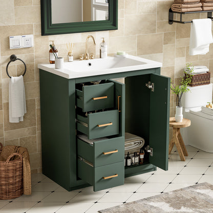 Bathroom Vanity With Ceramic Sink Combo, Frame Bathroom Storage Cabinet, Freestanding Vanity Set With 3 Drawers & Soft Closing Doors - Green