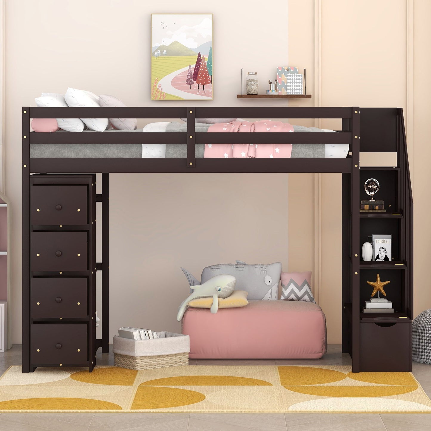 Twin Size Loft Bed With Storage Drawers And Stairs With Shelves - Espresso