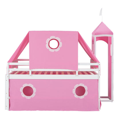 Full Size Loft Bed With Slide And Tent Tower Space Saving Fun Design For Kids - Pink