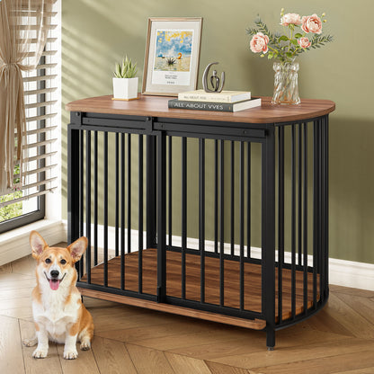 Furniture Style Dog Crate For Small And Medium Dogs, Wooden Cage Indoor Kennel Furniture, Modern Dog Crate End Table With Double Doors - Brown