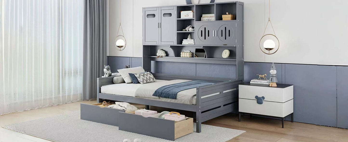 Full Size Daybed With 2 Drawers And All In One Cabinet And Shelf - Gray
