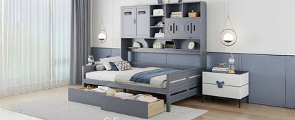 Full Size Daybed With 2 Drawers And All In One Cabinet And Shelf - Gray