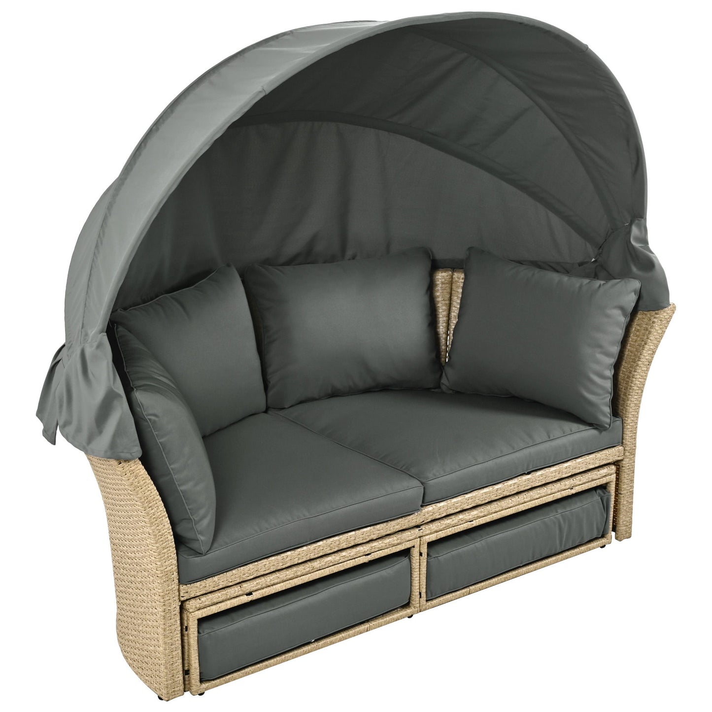 Outdoor Patio Daybed Wicker Rattan Double Daybed Round Sofa Furniture Set With Retractable Canopy, 4 Pillows For Lawn Garden Backyard Porch Pool - Gray
