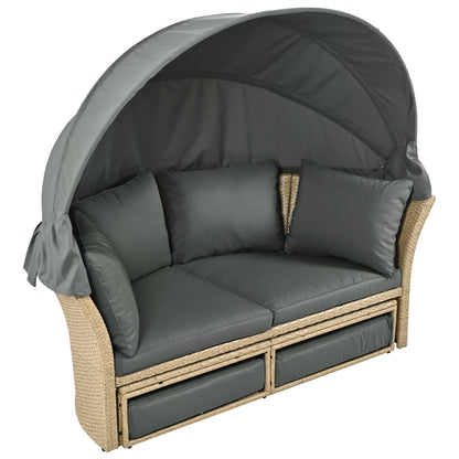 Outdoor Patio Daybed Wicker Rattan Double Daybed Round Sofa Furniture Set With Retractable Canopy, 4 Pillows For Lawn Garden Backyard Porch Pool - Gray