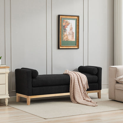 Elegant Upholstered Bench Daybed Ottoman With Nature Wood Legs & Bolster Pillows - Black Boucle