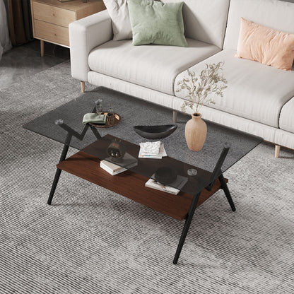 Rectangle Coffee Table With Tempered Glass Top And Brown MDF Shelf, Modern Table For Living Room - Gray