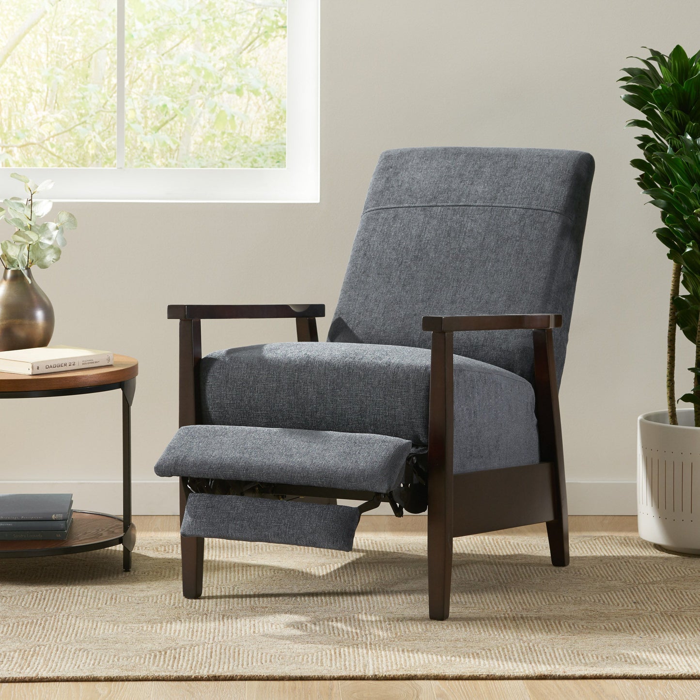 Wide Wood Hand Manual Club Recliner - Charcoal