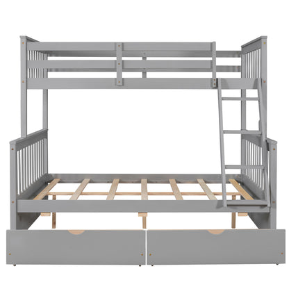 Twin Over Full Bunk Bed With Ladders And Two Storage Drawers - Gray