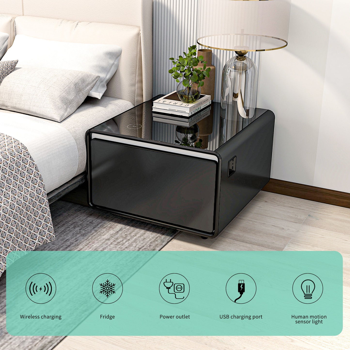 Modern Smart Side Table With Built-In Fridge, Wireless Charging, Temperature Control, Power Socket, USB Ports, Outlet Protection, Induction Light - Black
