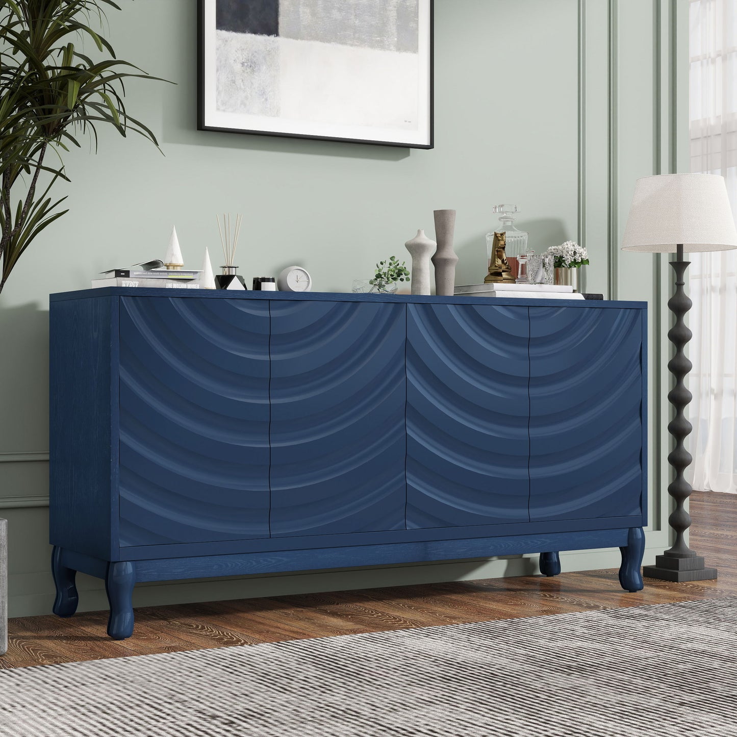 Elegant Sideboard With Sophisticated Wavy Pattern Doors And Arched Groove Design, Adjustable 4 Door Layout - Navy Blue