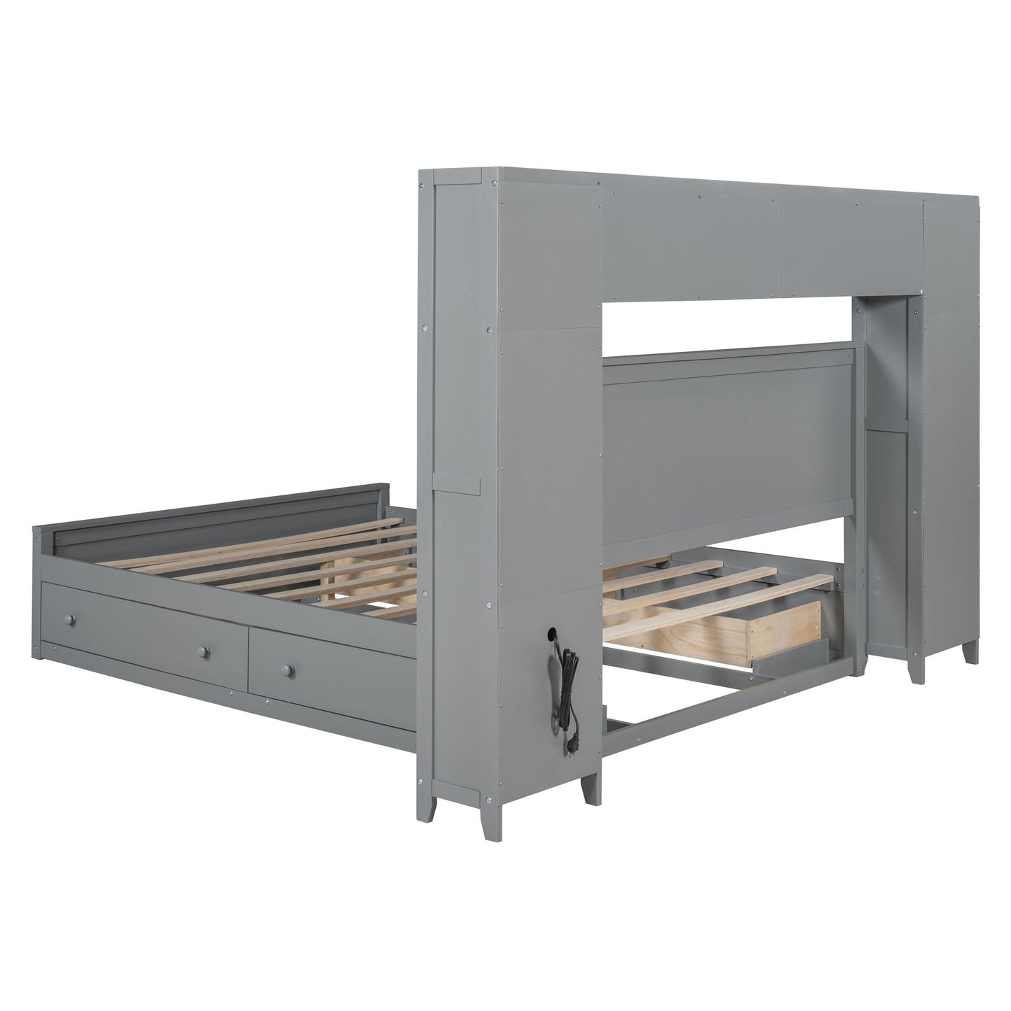 Queen Size Bed With All In One Cabinet, Shelf And Sockets - Gray